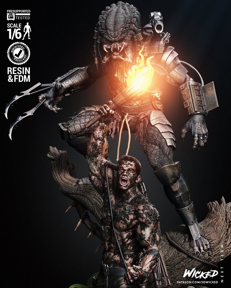 邪恶之王——Predator与Dutch场景模型（3D打印）|Wicked – Predator and Dutch Diorama V2 – 3D Print Model