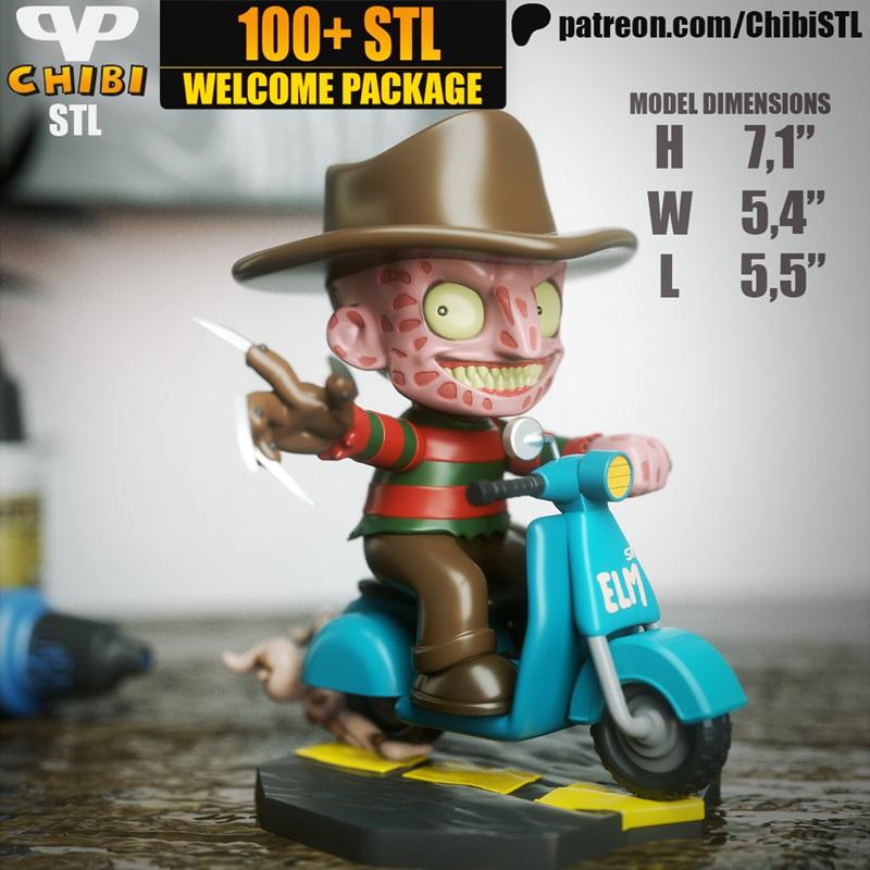 弗雷迪·克鲁格Chibi造型 Vespa 3D打印模型|Freddy Krueger Chibi on Vespa – 3D Print Model STL