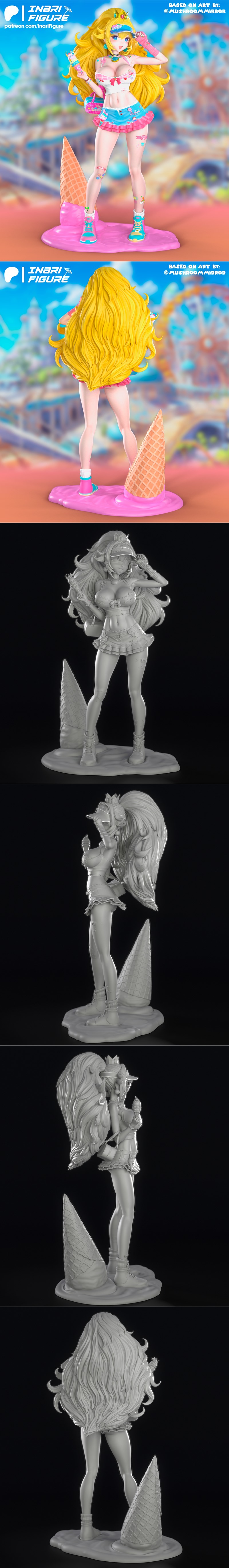 3D打印模型：超级马里奥公主皮娜（草莓冰淇淋款）|Inari Figure – Princess Peach (Pink Ice Cream) – Mario Bros – 3D Print Model STL