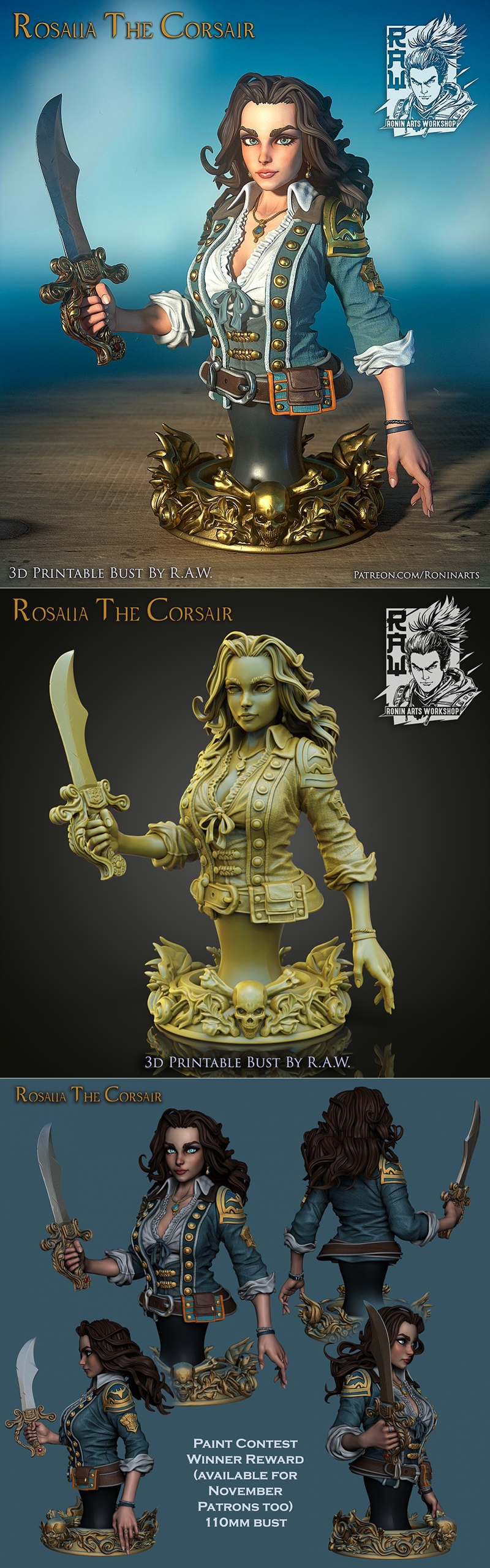 罗莎莉亚 女海盗 3D打印模型|Rosalia The Corsair – Pirate Bust – 3D Print Model STL