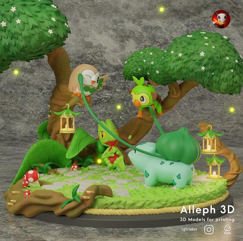 宝可梦3D打印模型：宝可梦草系角色 Bulbasaur、Treecko、Rowlet 与 Grookey|Pokemon diorama bulbasaur, treecko, rowlet and grookey – 3D Print Model STL