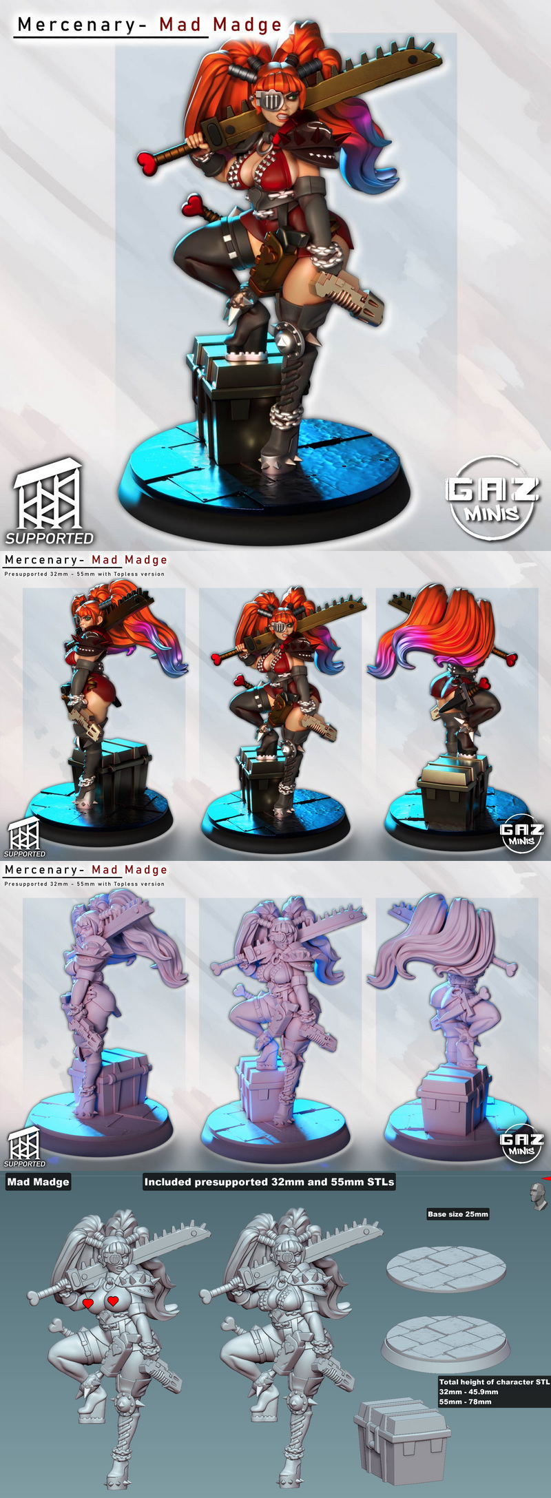 Gaz Minis 3D打印模型：Mad Madge角色模型|Gaz Minis – Mercenary – Mad Madge – 3D Print Model