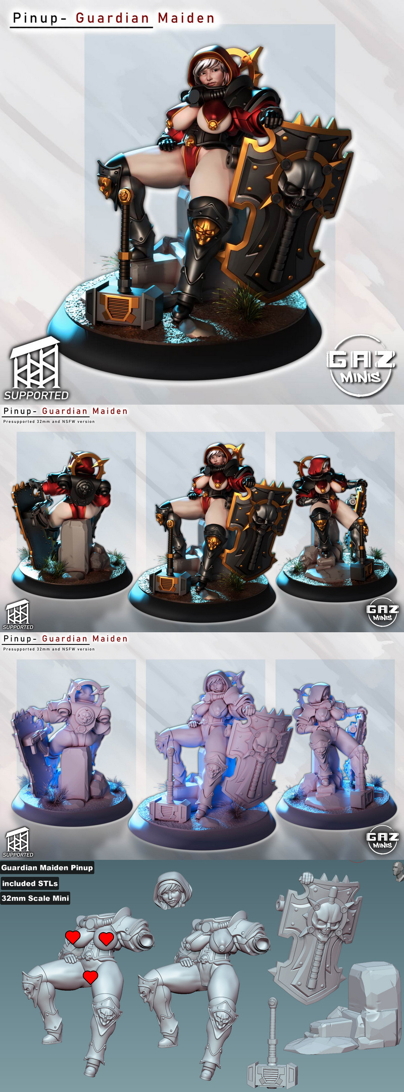 Gaz Minis 3D打印迷你模型：Pinup守护少女|Gaz Minis – Pinup – Guardian Maiden – 3D Print Model