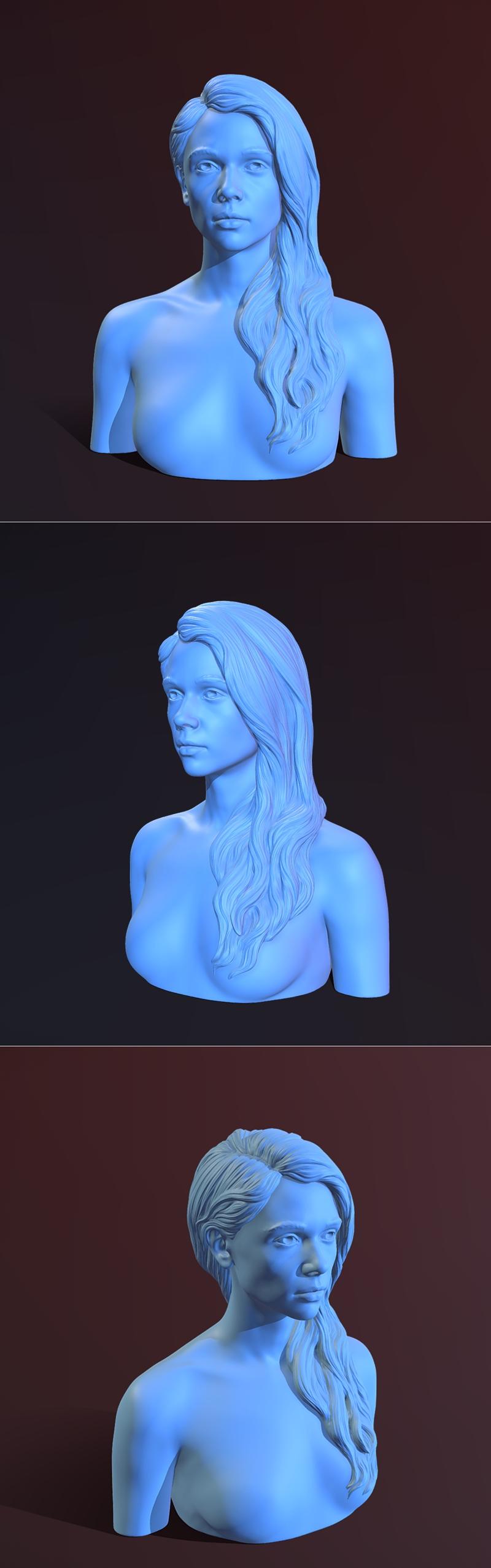 长发女性角色3D打印模型|Female Bust With Long Hair – 3D Print Model STL