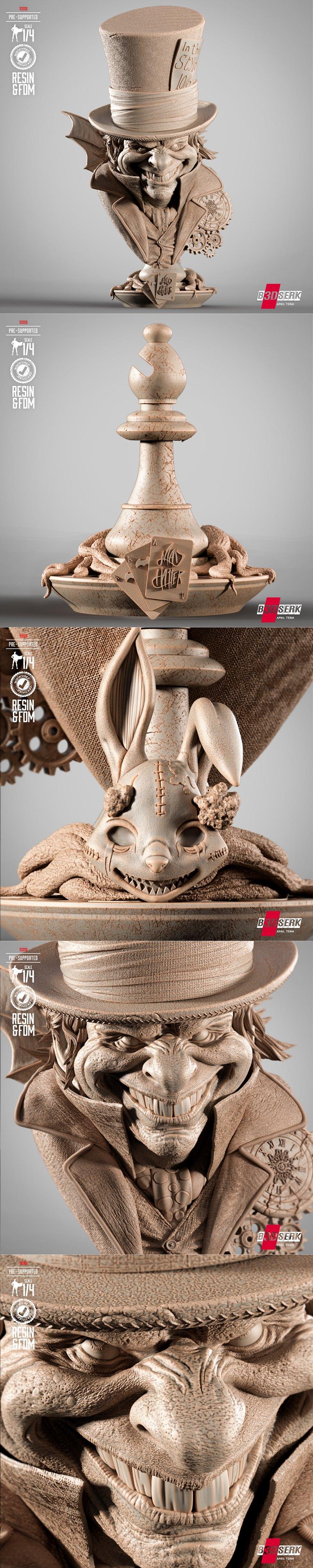 B3DSERK – 奇怪帽匠头像雕塑 – 3D打印模型|B3DSERK – Mad Hatter Portrait Bust – 3D Print Model STL