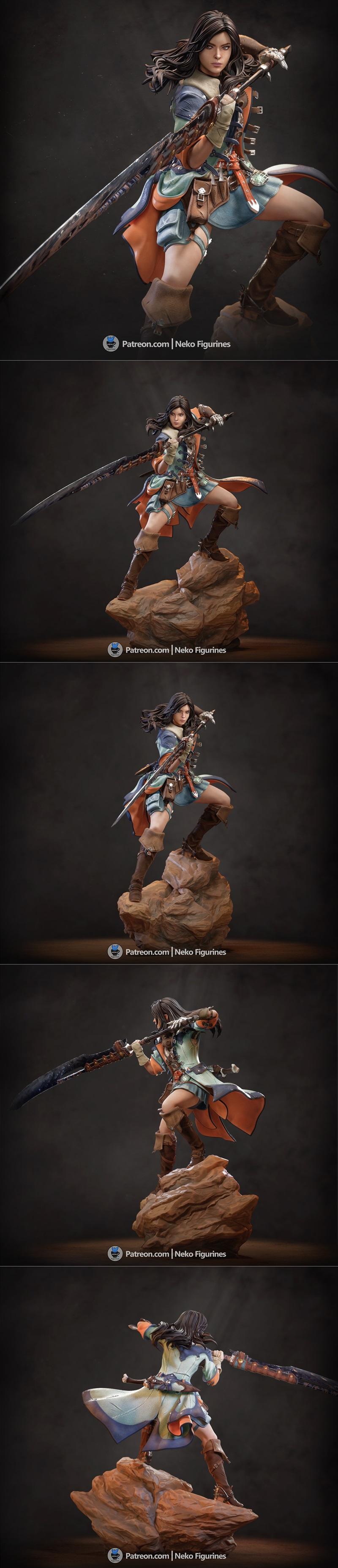 怪物猎人女性猎人3D打印模型|Neko Figurines – Monster Hunter – Female Hunter – 3D Print Model STL