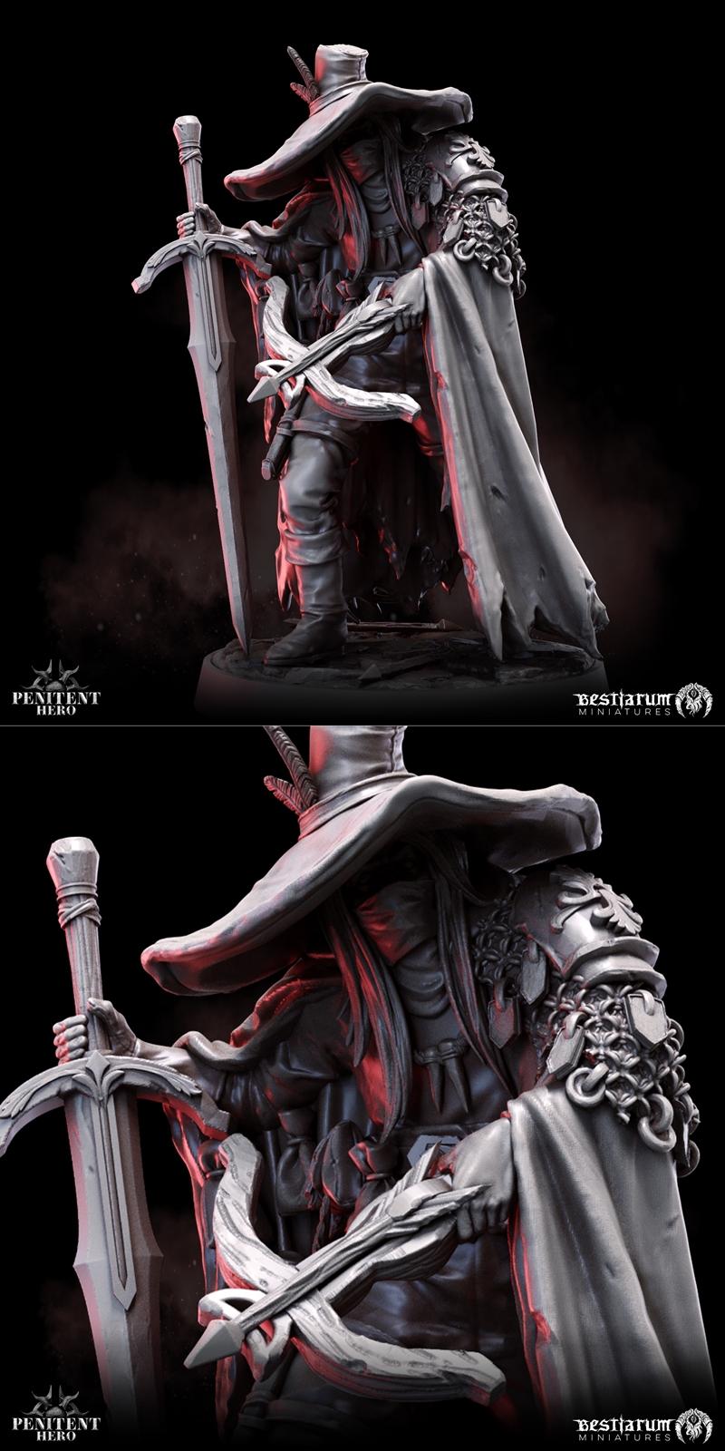 Bestiarum迷你模型：巫术猎手笔架战士3D打印模型|Bestiarum Miniatures – Penitent Hero – Witchbane – 3D Print Model STL