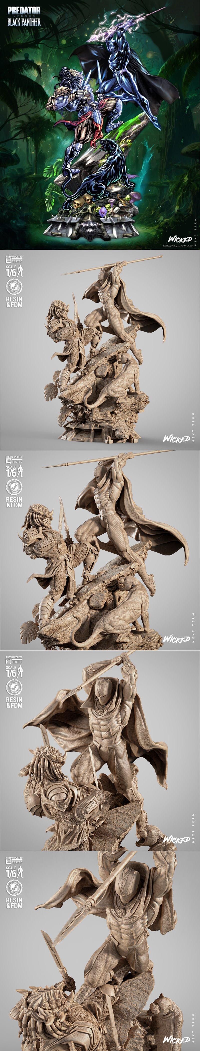 黑豹 vs 外星猎手 3D打印模型|WICKED – Black Panther VS Predator Diorama – 3D Print Model STL