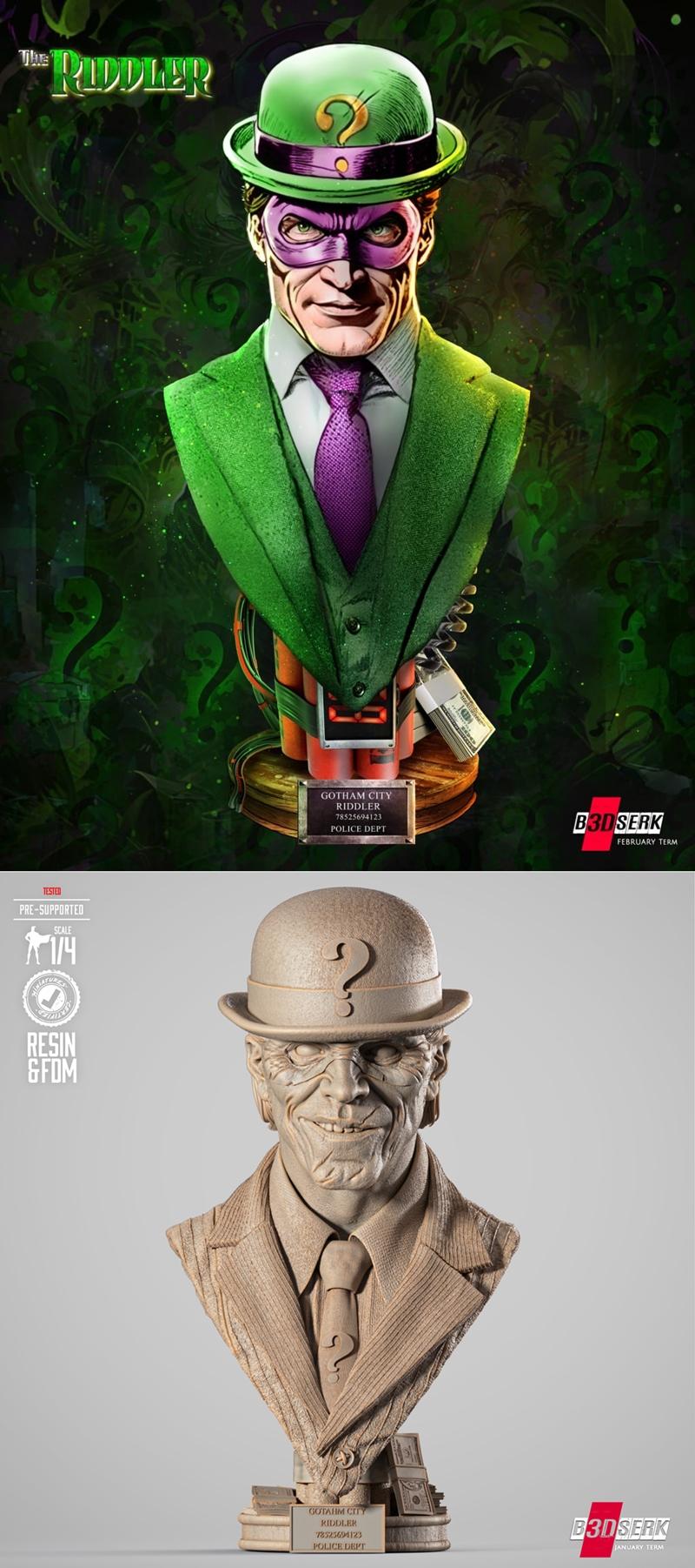 B3DSERK – 阿尔弗雷德·谜语人 立体打印模型|B3DSERK – The Riddler Portrait Bust – 3D Print Model STL