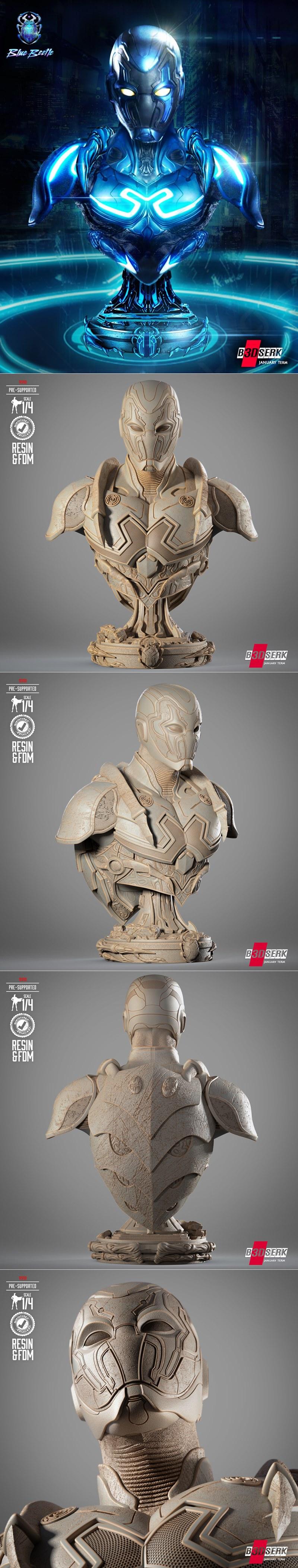 B3DSERK 蓝色正义者头像立体模型 3D打印文件|B3DSERK – Blue Beetle Portrait Bust – 3D Print Model STL