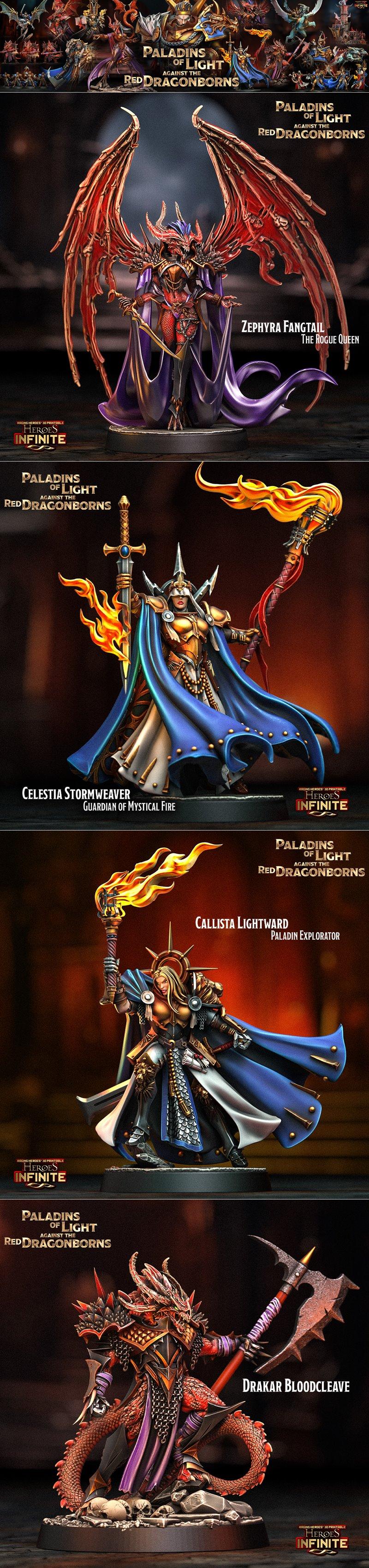 光之圣徒对抗红龙之裔——3D打印模型|Heroes Infinite – Paladins of Light Against the Red Dragonborns – 3D Print Model STL