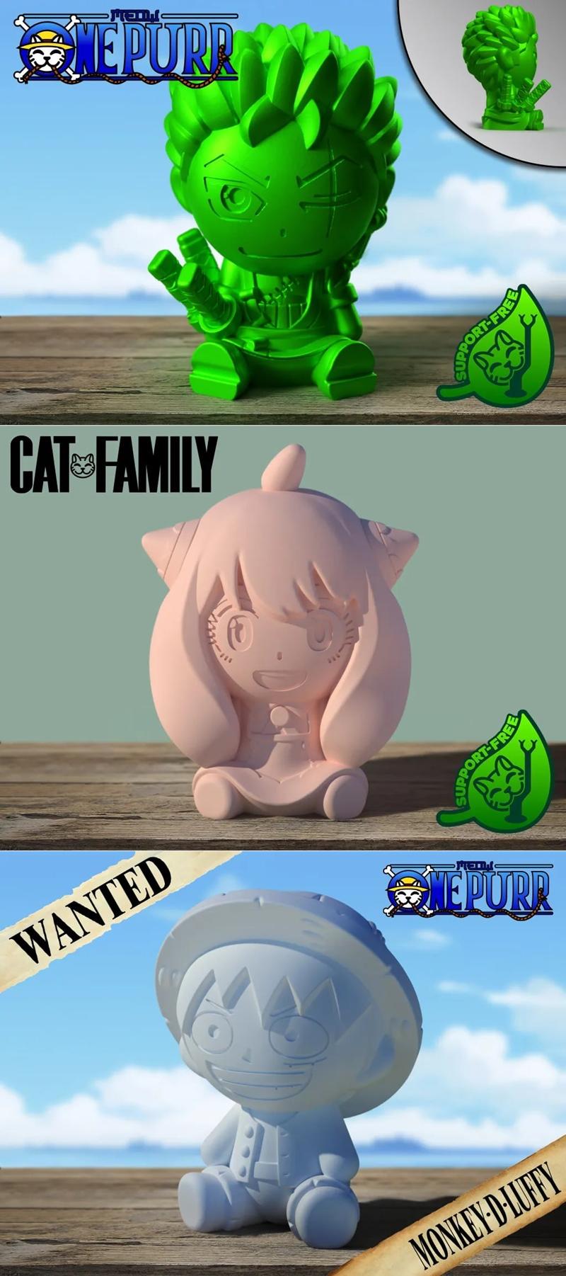 一毛猫——《航海王》佐罗与猫X家族模型|One Purr – Zoro and Cat X Family – Anya and One Purr – Luffy – 3D Print Model STL