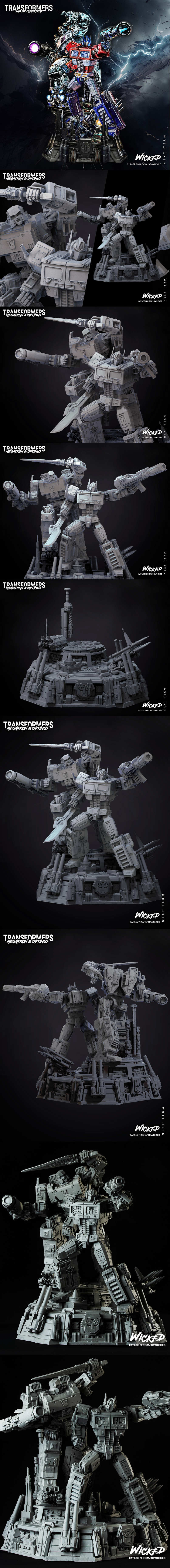 变形金刚：擎天柱与威震天3D打印模型|Wicked – Optimus Prime and Megatron Diorama – 3D Print Model