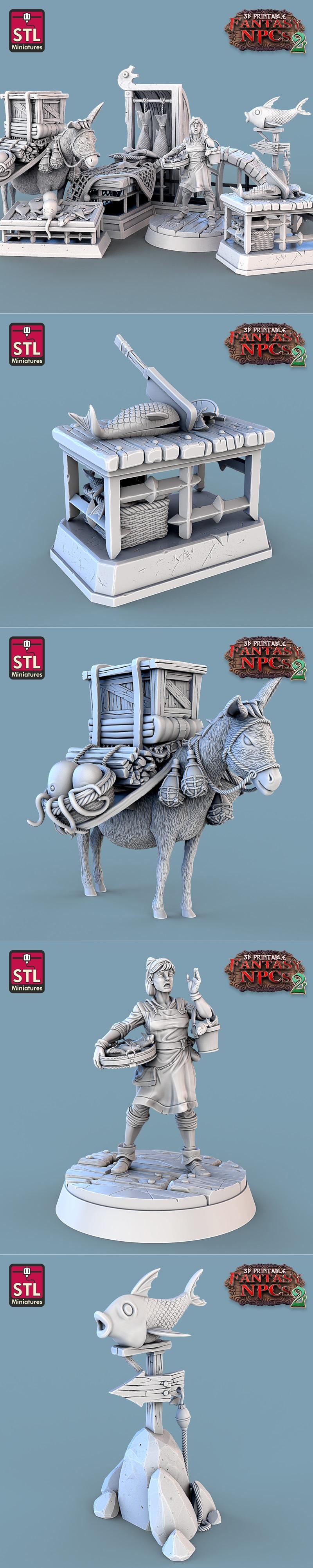 幻想世界NPC集之鱼贩角色3D打印模型|STL Miniatures – Fantasy NPCs 2 – Fish Vendor Set – 3D Print Model STL