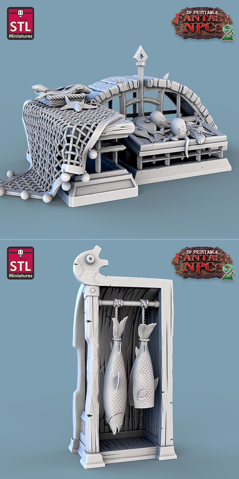 幻想世界NPC集之鱼贩角色3D打印模型|STL Miniatures – Fantasy NPCs 2 – Fish Vendor Set – 3D Print Model STL