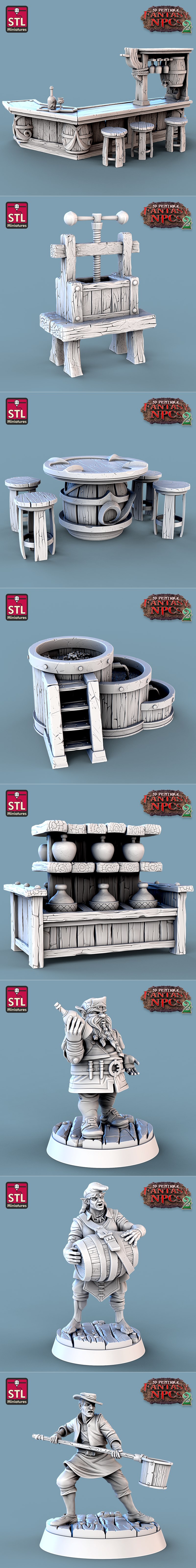 STL迷你模型-奇幻酒庄工匠套装|STL Miniatures – Fantasy NPCs 2 – Winemakers Set – 3D Print Model STL
