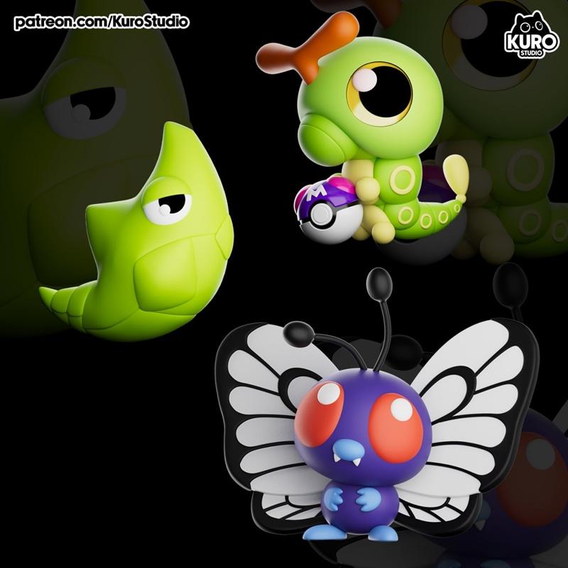 Kuro Studio 3D打印模型： Caterpie、Metapod、Butterfree|Kuro Studio – Caterpie – Metapod – Butterfree – 3D Print Model STL