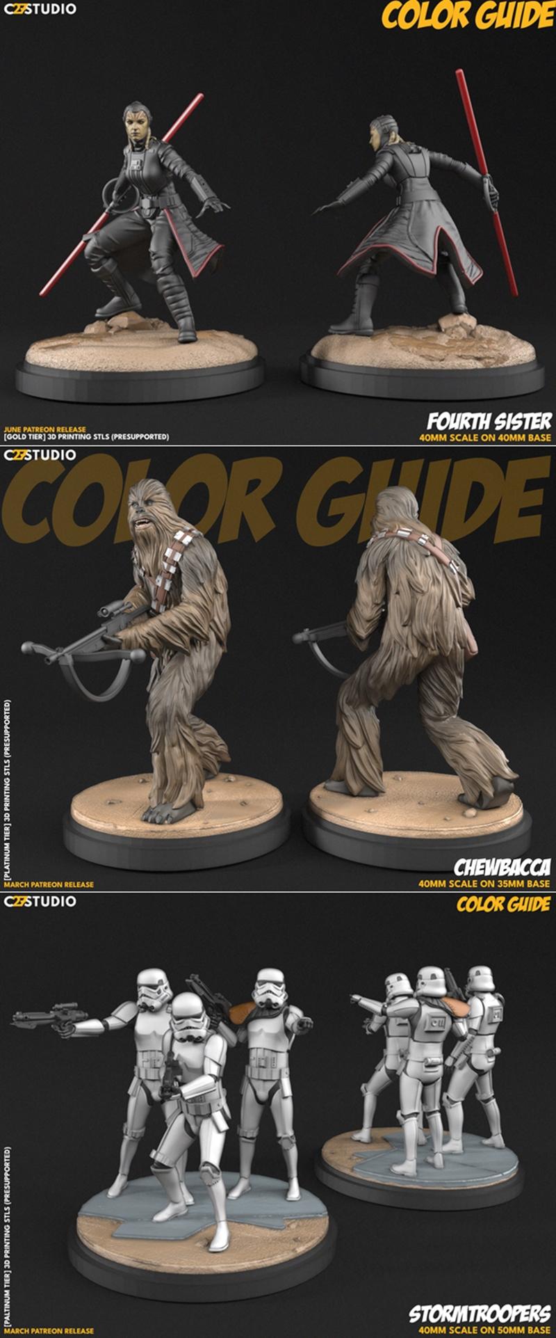 C27 - 《星球大战》奇欧与丘博卡及帝国士兵 3D打印模型|C27 – FS Fourth Sister and Chewbacca and Stormtroopers – 3D Print Model STL