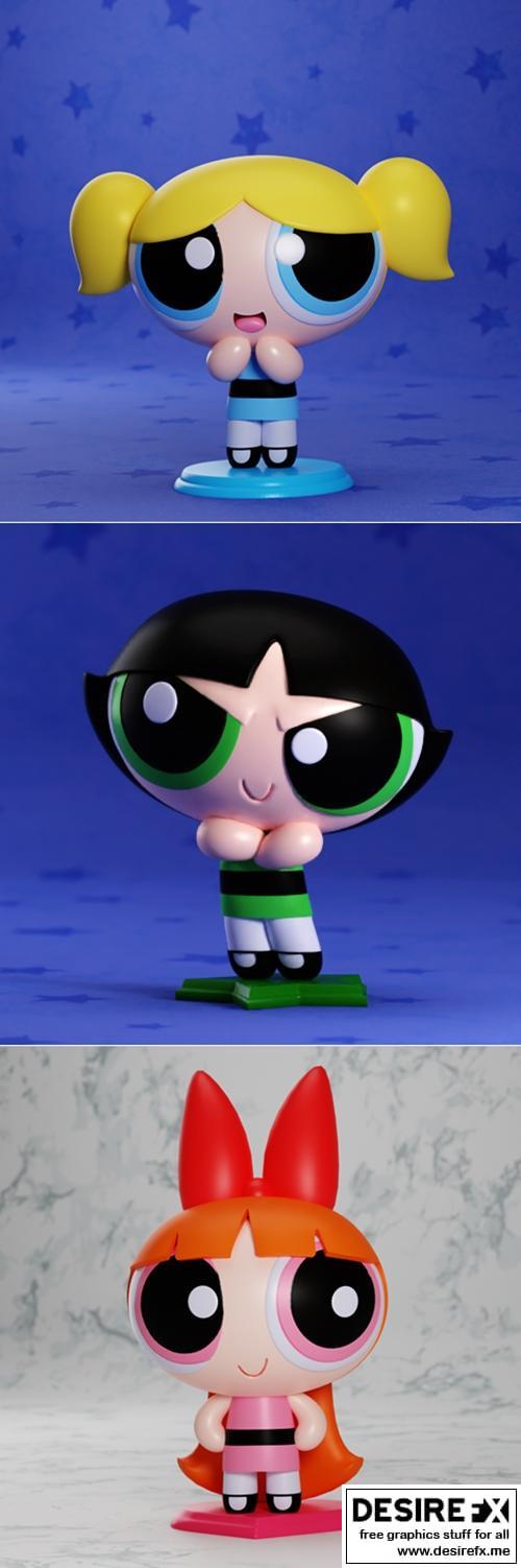 粉红小精灵3D打印模型——可爱少女雕像及钥匙扣|Powerpuff Girls – Statue and Keychain – 3D Print Model STL