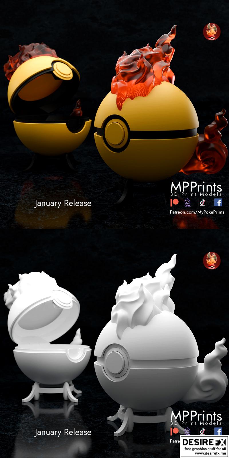 熔岩鸟3D打印模型|Moltres Pokeball – 3D Print Model