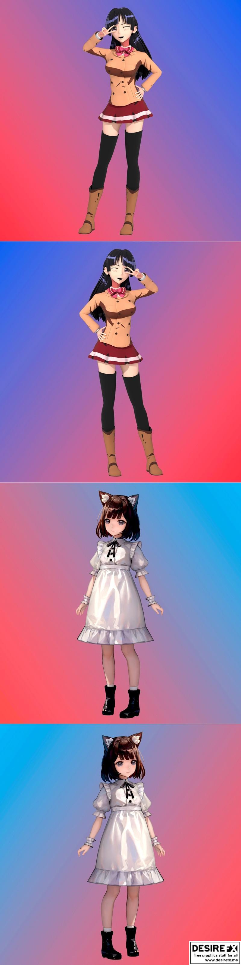 90风动漫少女与猫耳少女3D打印模型|90 style Anime girl and Cat Ear Girl Ai – 3D Print Model STL