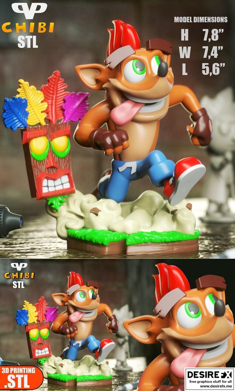 Crash Bandicoot与Aku Aku萌系3D打印模型|Crash Bandicoot and Aku Aku Chibi – 3D Print Model STL