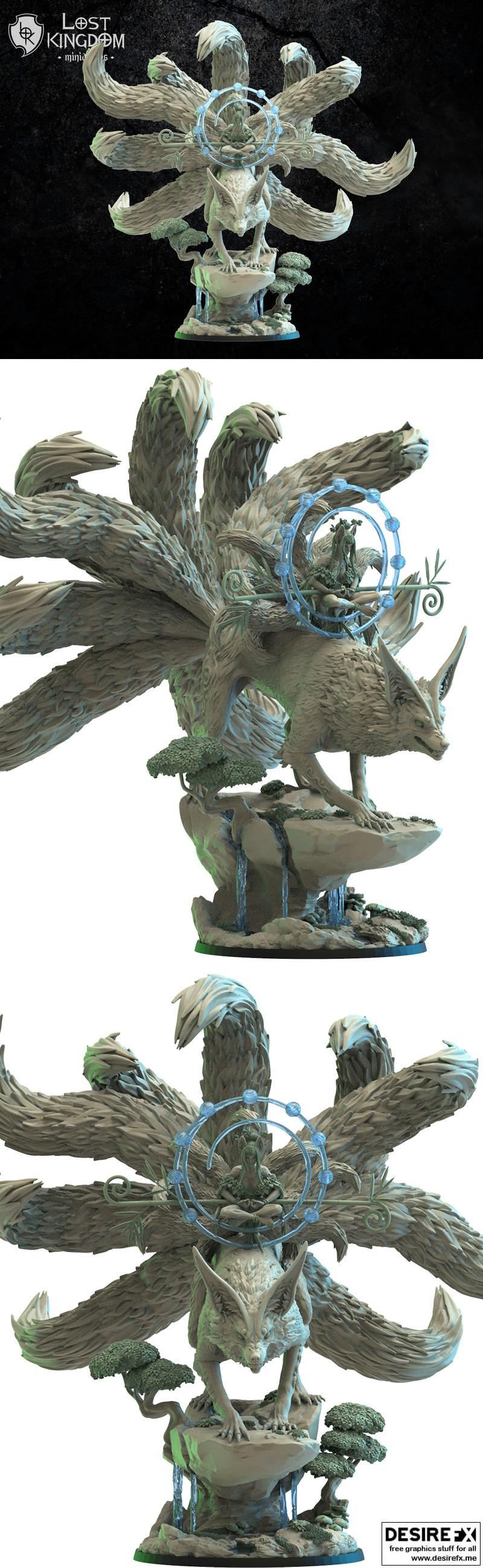 狐仙德鲁伊汉ako与九尾妖狐的3D打印模型|Hanako the Kitsune Druid on Kyubi – 3D Print Model