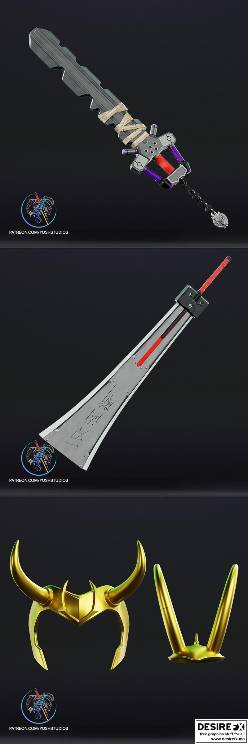 芬里尔键刃与哈德格斯剑及洛基——鳄鱼王冠 3D打印模型|Fenrir Keyblade and Hardedge Sword and President Loki – Alligator Crown – 3D Print Model STL