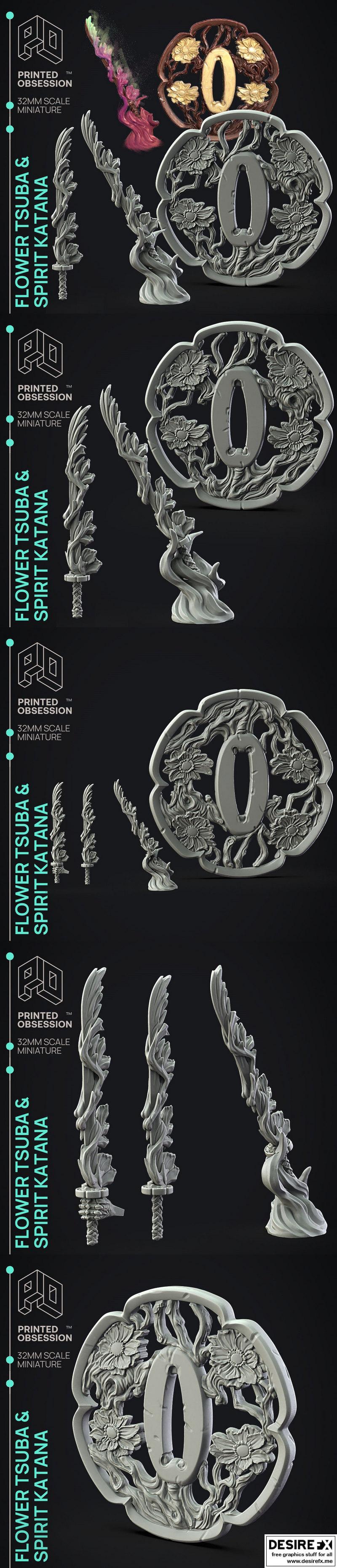 花柄与灵之刀——3D打印模型|Flower Tsuba & Spirit Katana – 3D Print Model
