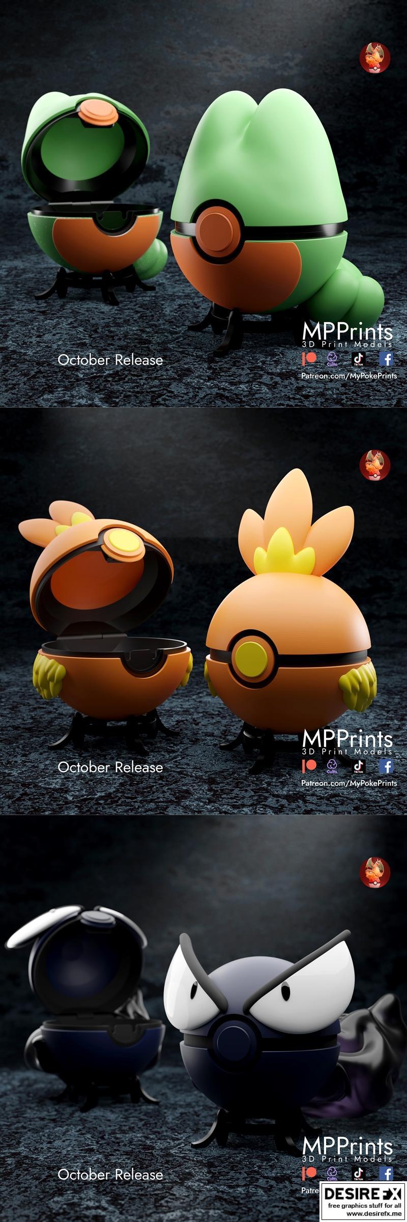 MyPokePrints - 皮卡丘系列3D打印模型：Ghastly、Treecko、Torchic|MyPokePrints – Pokeball – Ghastly and Treecko and Torchic – 3D Print Model STL