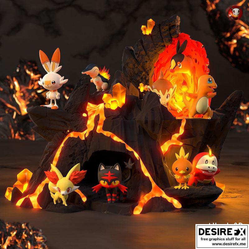 宝可梦全火系角色3D打印模型|Pokemon – All Fire Starters Diorama – 3D Print Model