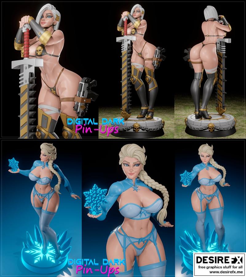 数字暗黑小插画——战斗派与艾尔莎 3D打印模型|Digital Dark Pin-Ups – Battle Thick and Elsa – 3D Print Model STL