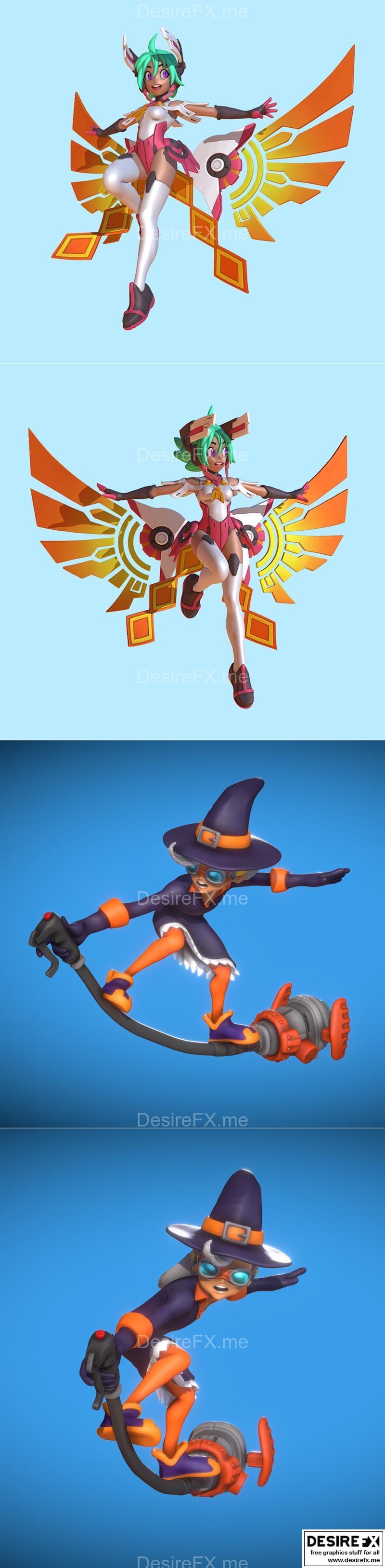 动漫天使与女巫骑扫帚3D打印模型|Manga Angel and Witch on broom – 3D Print Model STL