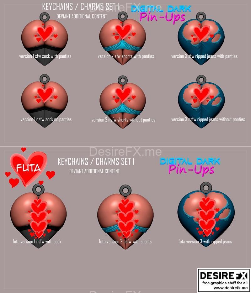 数字暗黑贴纸风格3D打印钥匙扣套装|Digital Dark Pin-Ups – Deviant Keychains-Charms Pack – 3D Print Model STL