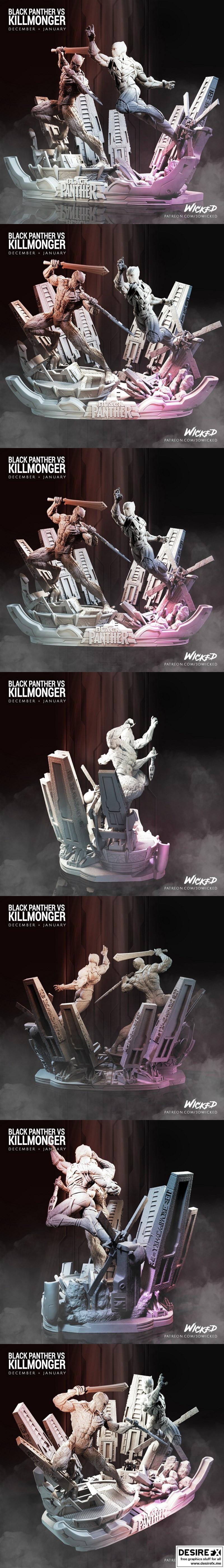 黑豹 vs 杀手鳄 3D打印场景模型|Wicked – Black Panther Vs Killmonger – Marvel Comics – 3D Print Diorama