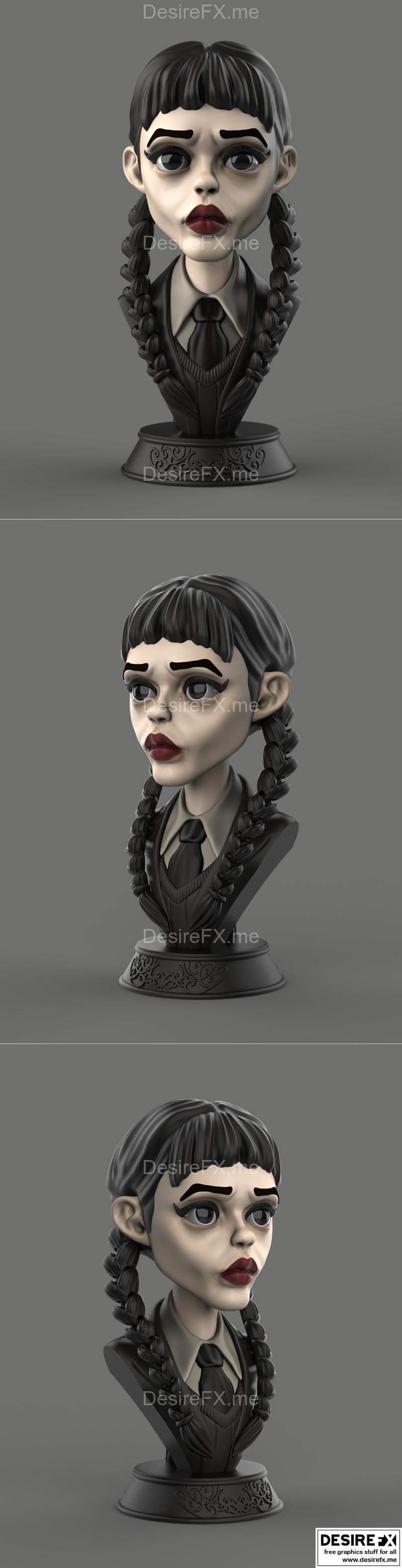 周三爆款：可动猪尾巴造型3D打印模型|Wednesday Bust with Articulated Pigtails – 3D Print Model STL