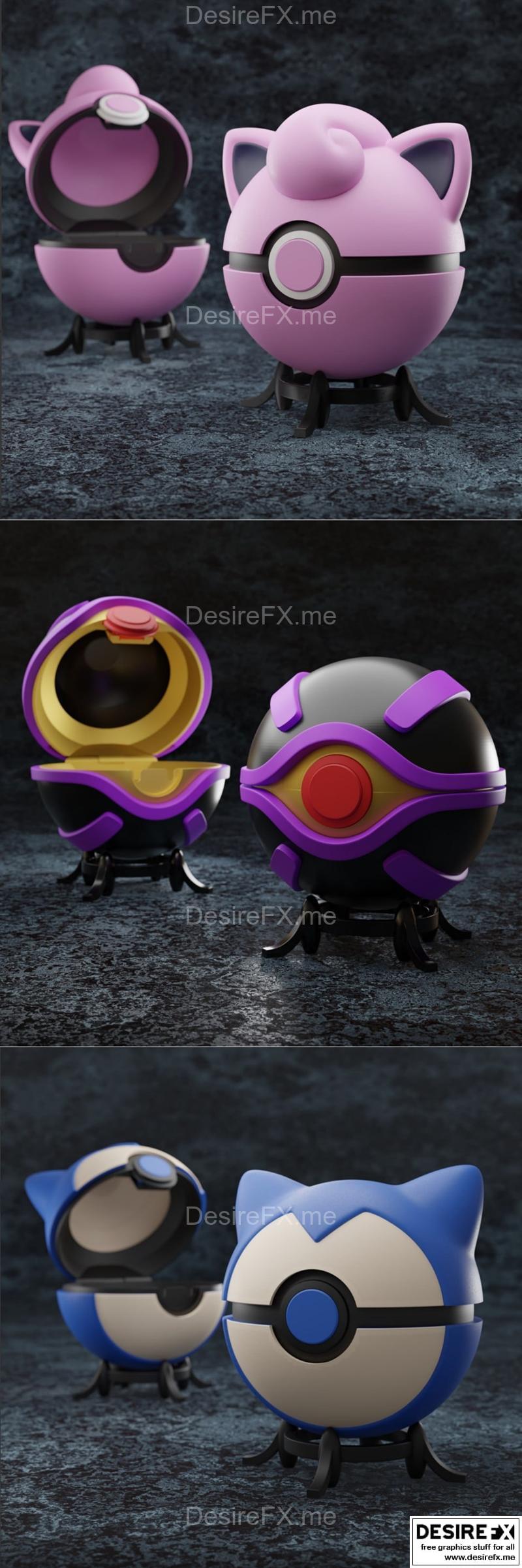 吉吉普夫球与嗅嗅球及克隆球 3D打印模型|Jigglypuff Ball and Snorlax Ball and Clone Ball – 3D Print Model STL