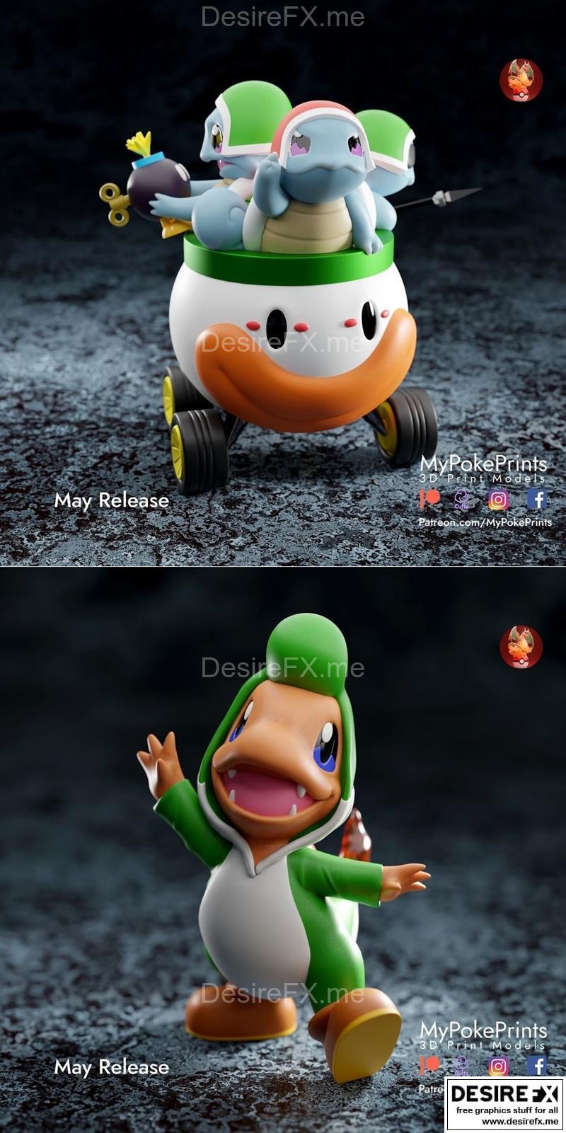 《宝可梦3D打印模型：火红小火龙与水系小火蛙》|Yoshi Charmander and Troopa Squirtle – 3D Print Model STL