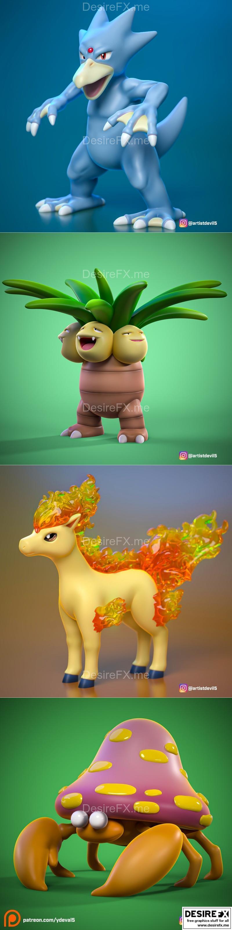 金乌与妙蛙种子与小火龙与寄生藤——3D打印模型|Golduck and Exeggutor and Ponyta and Parasect – 3D Print Model STL