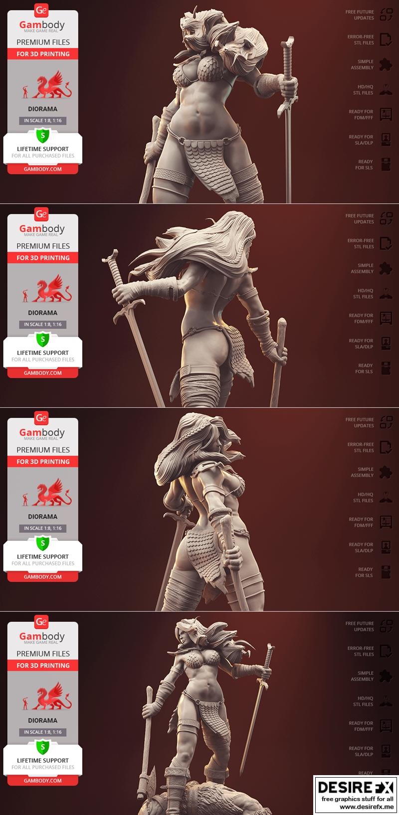 红Sonja场景模型 3D打印雕塑|Gambody – Red Sonja Figurine in Diorama – 3D Print Model STL