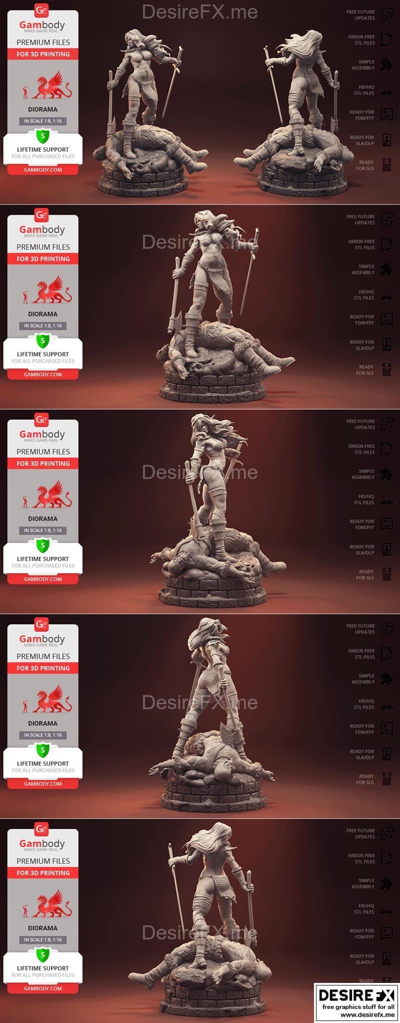 红Sonja场景模型 3D打印雕塑|Gambody – Red Sonja Figurine in Diorama – 3D Print Model STL