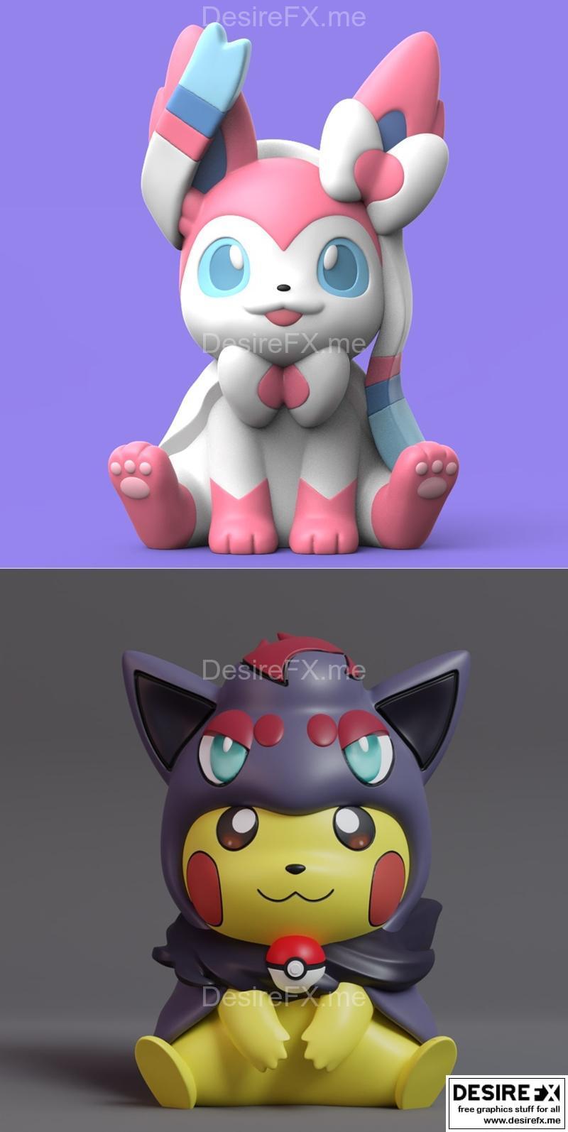 宝可梦3D打印模型：皮卡丘、佐拉和丝米翁|Pikachu Cosplay Zorua and Sylveon – 3D Print Model STL