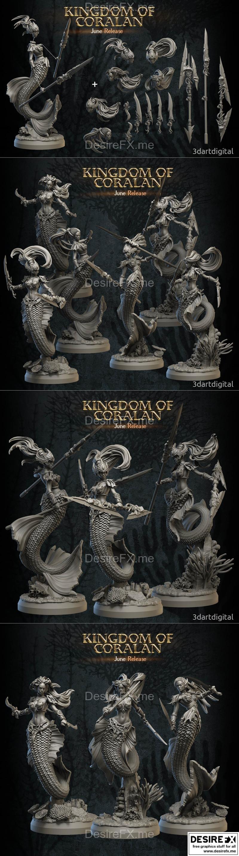 3D打印模型：珊瑚王国美人鱼战士女性角色|3DArtDigital – Kingdom of Coralan – Merfolk Warriors Female – 3D Print Model STL