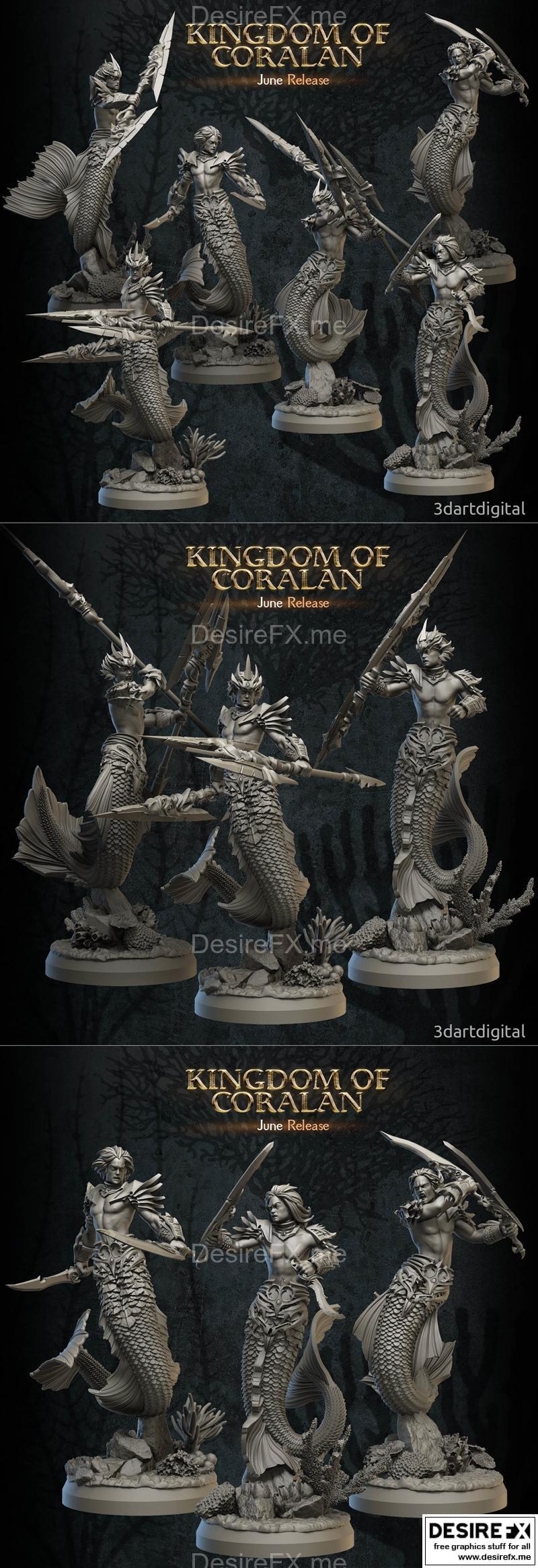 3D打印模型：珊瑚王国水下人族战士男角色|3DArtDigital – Kingdom of Coralan – Merfolk Warriors Male – 3D Print Model STL