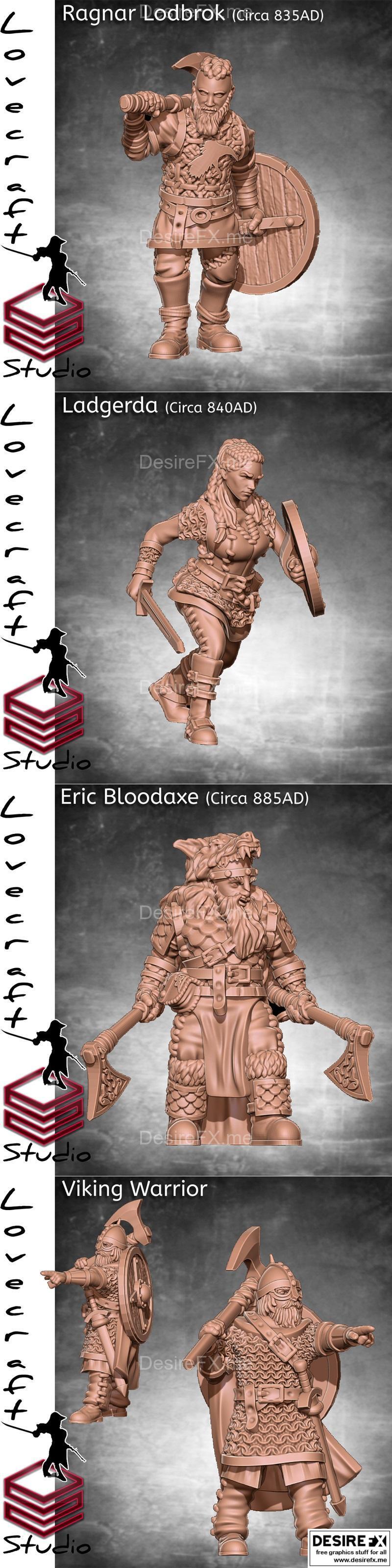 Ragnar洛德布罗克与拉格特哈、埃里克血斧与战士——3D打印模型|Ragnar Lodbrok and Ladgertha and Eric Bloodaxe and Warrior – 3D Print Model STL