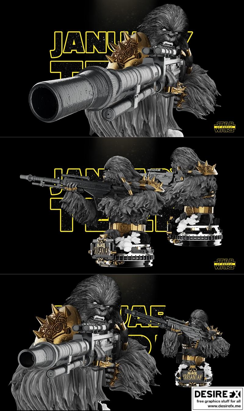 星球大战 黑色克拉斯塔努 3D打印雕塑模型|Star Wars – Black Krrsantan Sculpture and Bust – 3D Print Model STL