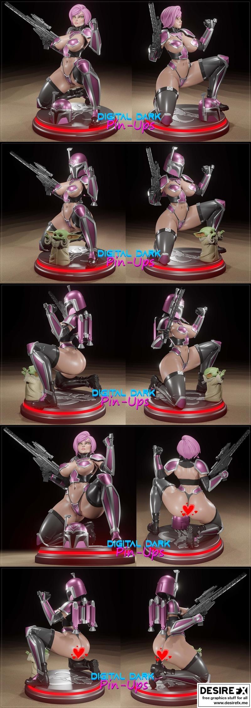 曼达洛人女孩与贝利耶幼崽 3D打印模型|Digital Dark Pin-Ups – Mandalorian Girl with Baby Yoda – 3D Print Model STL