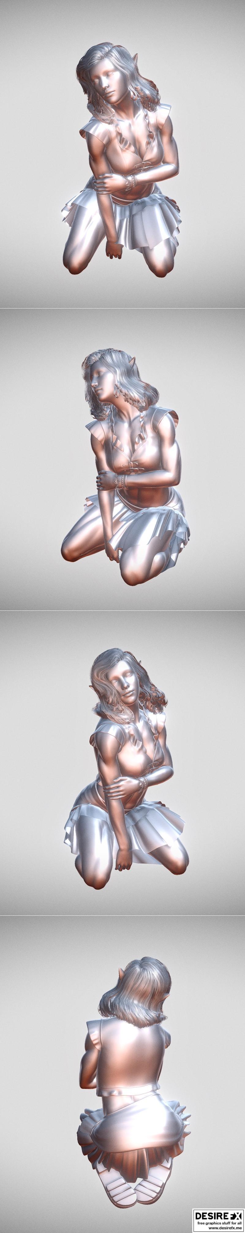 精灵女孩跪坐 3D打印模型|Elf Girl Kneeling – 3D Print Model STL