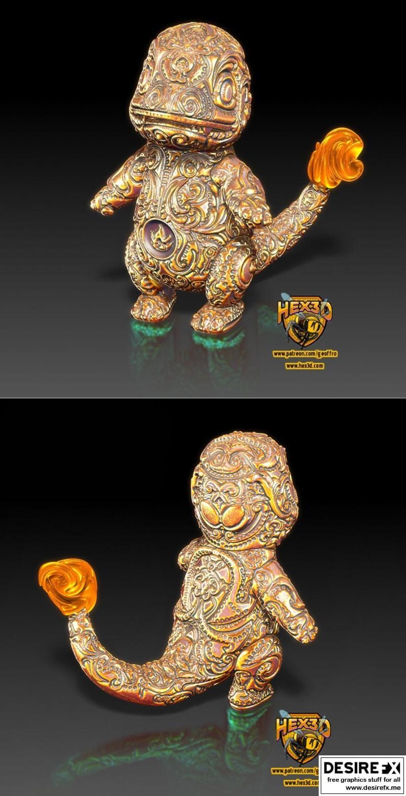 Hex3D - 动漫3D打印模型 - 3D火焰龙Charmander|Hex3D – Deluxe Pokemon 3 Charmander – 3D Print Model STL