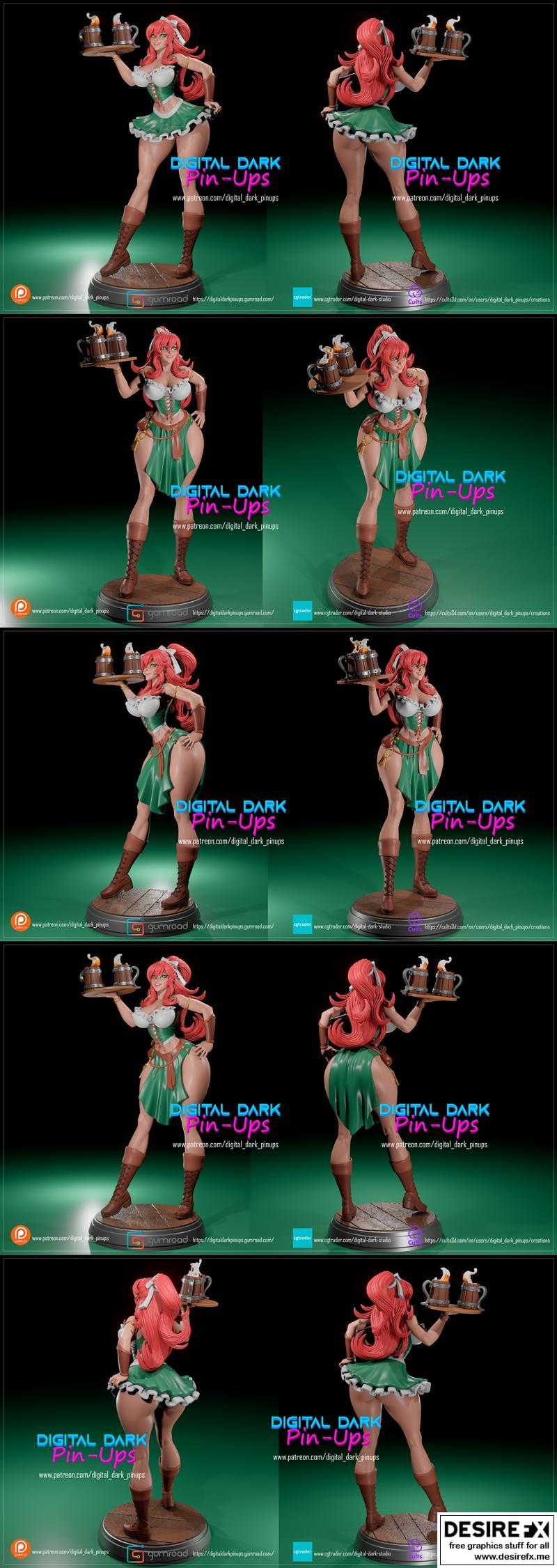 数字暗黑贴纸少女——调酒师 3D打印模型|Digital Dark Pin-Ups – Barmaid – 3D Print Model STL